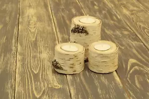 Real Birch Log Tea-Light Candleholder Set of 3 - Candles Included - Picture 1 of 2