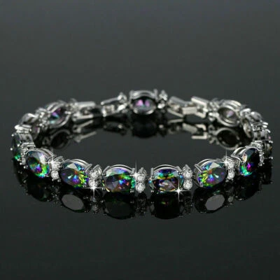 Hot Sale Multi Color Oval Rainbow Mystic Topaz Gemstone Silver Women Bracelets - Image 1 of 4