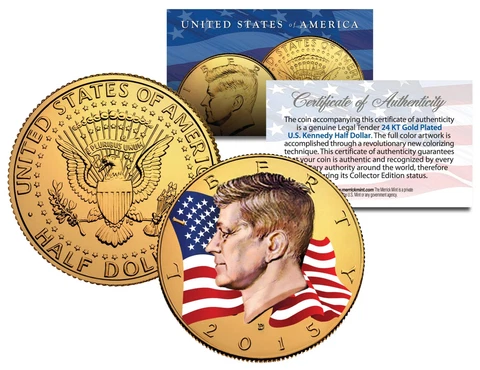 Colorized * FLOWING FLAG * 2015 JFK Kennedy Half Dollar Coin 24K GOLD PLATED (D) Cover