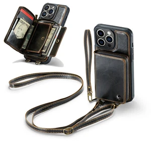 For iPhone 16 15 14 13 Pro Max RFID Blocking Wallet Crossbody Strap Leather Case - Picture 1 of 56