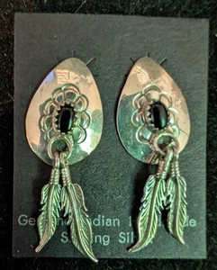 Vintage Navajo Shield & Feather Dangle Earrings Sterling Silver Size 1-5/8" - Picture 1 of 3