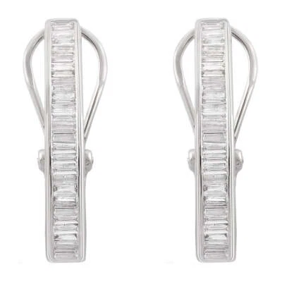 14K Gold 1 Cttw Diamond Baguette J Hoop Earrings with Omega Backs Channel Set - Image 1 of 4