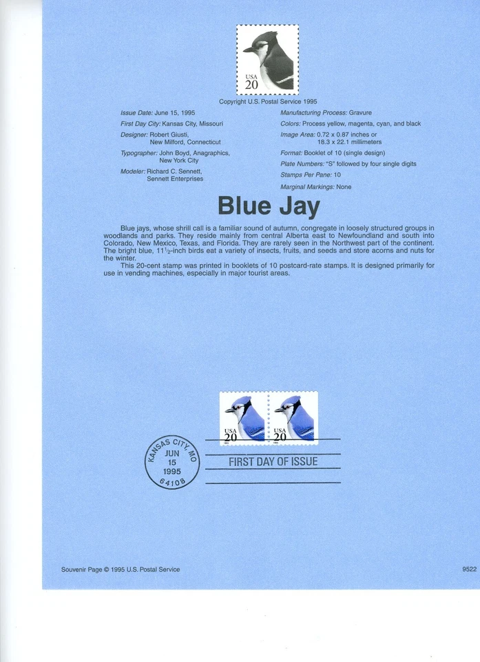 1995 USPS Souvenir Page 20¢ BLUE JAY BOOKLET #9522 w/Watermark Archival - Image 1 of 1