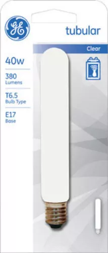 GE Tubular Clear T6.5 Bulb, E17 Intermediate Base, 40w, 380 Lumens, 120 Volts - Image 1 of 1