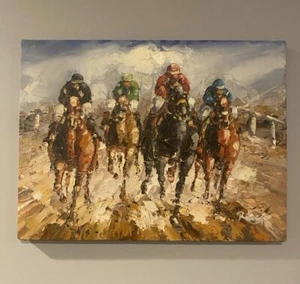 Original Oil Painting – Horse Racing Jockeys – Impasto Style Signed - Picture 1 of 7