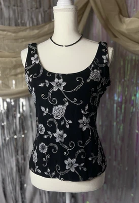 Camiseta sin mangas Xscape negra brillante estampado floral oscuro romance hada capricho años 90 Y2K Foto 1 de 4