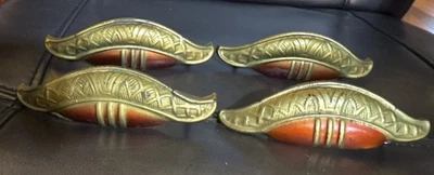 4-Architectural Salvage Art Deco Half Moon Shaped Drawer Pull Handles Orange - Image 1 of 4