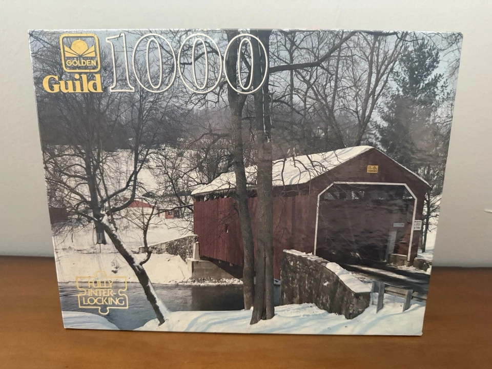 Запечатанный новый Golden Guild 1000 шт. пазл красный покрытый мост Новая Англия снег - Изображение 1 из 4