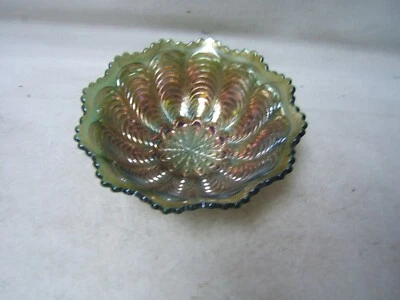 Fenton Peacock Tail Iridescent Green Bowl 6" by 2 1/4" Tall Excellent condition - Image 1 of 4