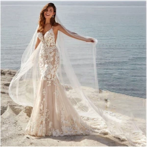 Customized Spaghetti strap Mermaid Wedding Dresses Backless Stain Bridal Gown AU - Picture 1 of 17