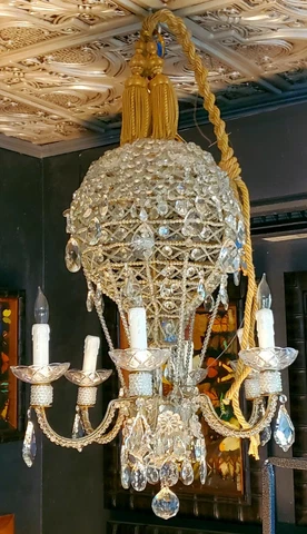 Antique Pair Crystal Chandeliers Louis XVI Triple Braided Tassels Gilt Canopy Cover