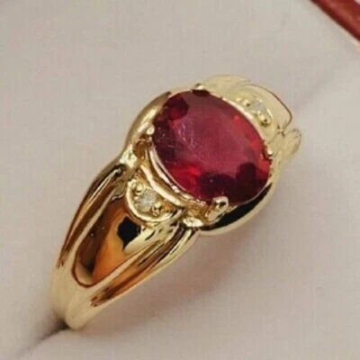 2.20Ct Oval Cut Lab Created Red Ruby Men's Wedding Ring 14K Yellow Gold Plated - Image 1 of 4