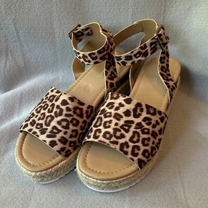 Soda Sandals Womens 7.5 Cheetah Print Ankle Strap Jute - Picture 1 of 7