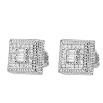 Real Solid 925 Silver Iced CZ Hip Hop Men's Earrings Large Square Baguette Studs - Image 1 of 4