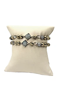 Set Of 2 Stretchy Bracelets With Faceted Gold Plated Beads & Gray Stone Accents - Picture 1 of 5