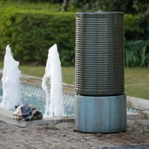 44" Tall Large Round Green Ribbed Tower Water Fountain Verge Bronze Bird Feeder - Picture 1 of 6