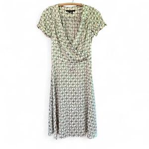 Zara Medium Basic Ivory & Green Circle Print Midi Dress Cap Sleeves V-Neckline - Picture 1 of 8