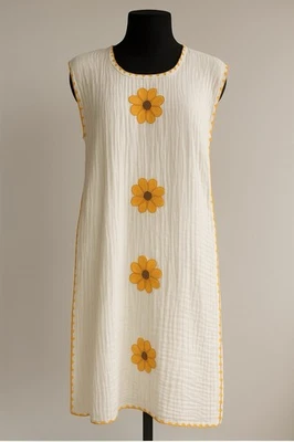 Habesha Sun Flower Pattern Hand Made 100% Cotton Dress White and Yellow Large - Image 1 of 2