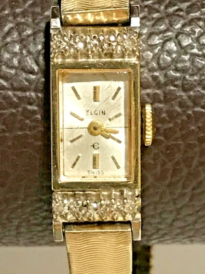 Vintage Elgin Swiss 10K Yellow Gold Genuine Diamonds Ladies Dress Watch Works - Image 1 of 4