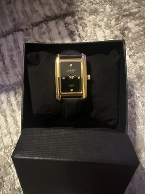 Xavier Diamond Quartz Unisex Watch Gold Tone Black Dial Leather Band NIB - Image 1 of 4
