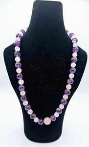 Purple Amethyst Pink Quartz Beaded Necklace 18" Lobster Clasp - Picture 1 of 8