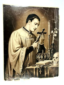 Antique vtg Saint Aloyse Aloysius Catholic Litho Print Crown Skull French France - Picture 1 of 12
