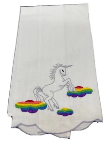 Vtg Unicorn Rainbow Sky Clouds Finger Tip Towel Colorful Pride Linen Cotton HTF - Picture 1 of 8