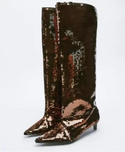 Zara Sequin Glitter Knee High Kitten Heel Boots Brown Size 5 Party Occasion - Picture 1 of 4