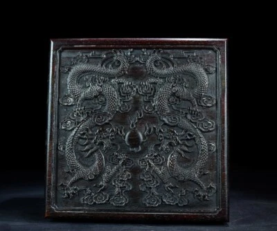 Caixa de joias pérola dragão duplo esculpida à mão em sândalo roxo - Imagem 1 de 4