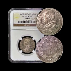 ITALY. 1865, 20 Baiocchi, Silver, R - NGC MS62 - Papal States, Pius IX, Rome XX - Picture 1 of 5