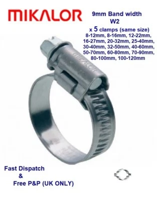 GENUINE MIKALOR 9mm BAND WIDTH WORM DRIVE HOSE CLIP W2 SS x 5 clips