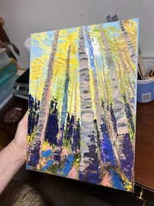 Original Textured Oil Painting Aspen Birch Trees Woods Art Contemporary Impasto - Picture 1 of 6