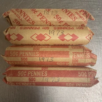 1973 Lincoln Memorial Cent Roll - Circulated 4 Rolls Mixed Mints Unsearched - Image 1 of 4