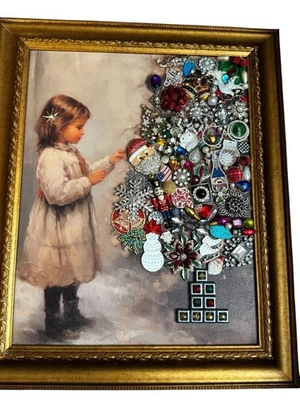 Girl Decorating Christmas Tree Vintage Jewelry Art Framed Picture by Betty - Image 1 of 4
