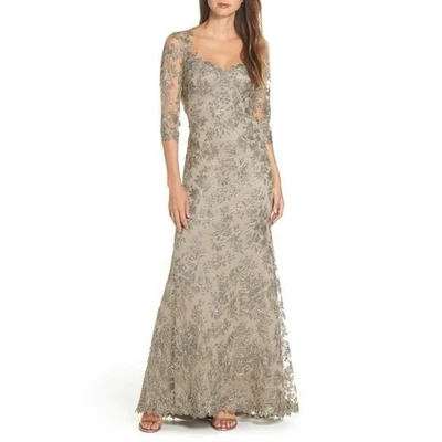 Tadashi Shoji Corded Lace Gown Women’s Size 8 Gray Gold 3/4 Sleeve Floor length  - Image 1 of 4