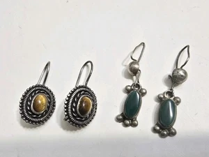Vintage Signed Sterling Silver Drop Earrings Tiger's eye Green Jasper Mexico - Picture 1 of 5
