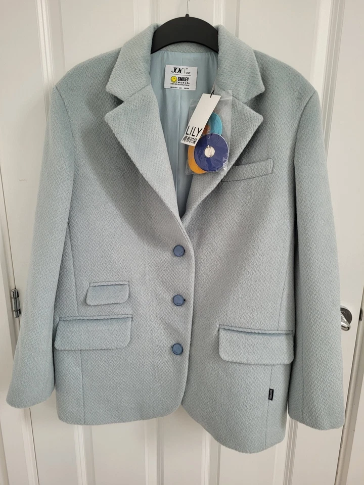 New Joy by Lily x Smiley World Egg Duck Blue Wool Blend Badge Blazer Jacket Coat - Image 1 of 4