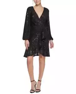 Eliza J Sequined Faux-Wrap Fit & Flare Dress Women's 10 Black Surplice Neck L/S - Picture 1 of 17