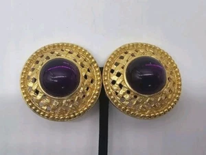 Modle 80s Goldtone Purple Basket Weave Clip EARRINGS Statement  - Picture 1 of 7