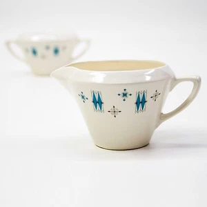 Vtg Turquoise Diamonds Sugar Bowl & Creamer Atomic Starburst Snowflake Ivory USA - Picture 1 of 8