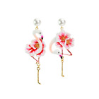 Flamingo PINK WHITE Enamel Crystal Bird Stud Earrings