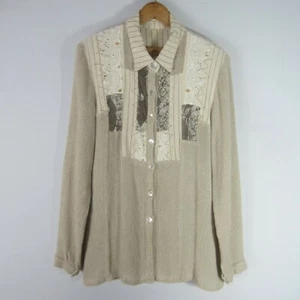 Unbranded Vintage Womens L Beige LS Embroidered Beaded Lace Tunic Italy Linen - Picture 1 of 10