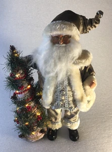 Old World Santa Claus 16" Figurine Taupe Velvet Robe w/Faux Fur & Lighted Tree - Picture 1 of 7