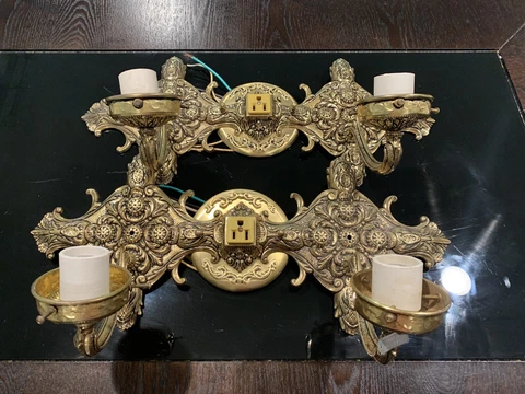 Pair Vintage Solid Brass Two Arms Wall Sconce Lights Made In Spain Cover