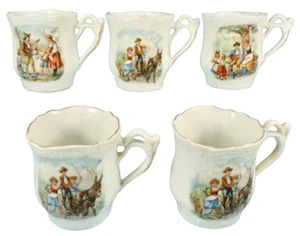 5 Teetassen aus Spielzeug Teeservice Kinder Esel Orgel Mühle Musik Vintage wie besehen - Bild 1 von 12
