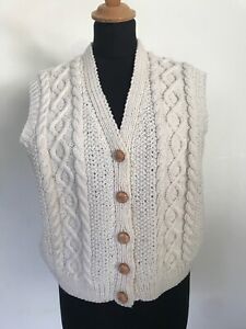 Vintage Hand Knit Tank Top Sleeveless Jumper Cardigan, Buttoned Aran, M L