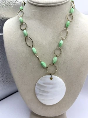 Mint Green Gold Tone Beaded Necklace/ Chunky MOP Pendant Necklace By Avon  - Image 1 of 4