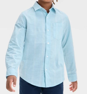 Boys' Long Sleeve Striped  Button-Down Shirt - Cat & Jack™ Blue/Cream S 6/7 - Image 1 of 4