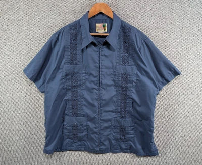 Haband Vintage Men's Guayabera Navy Blue Embroidered Zip Up Shirt 2XL - Image 1 of 4