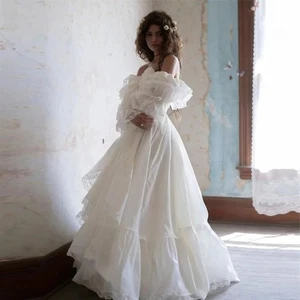 Lace Ruched A Line Wedding Dresses Strapless Three Quarter Sleeve Bride Gowns - Picture 1 of 8